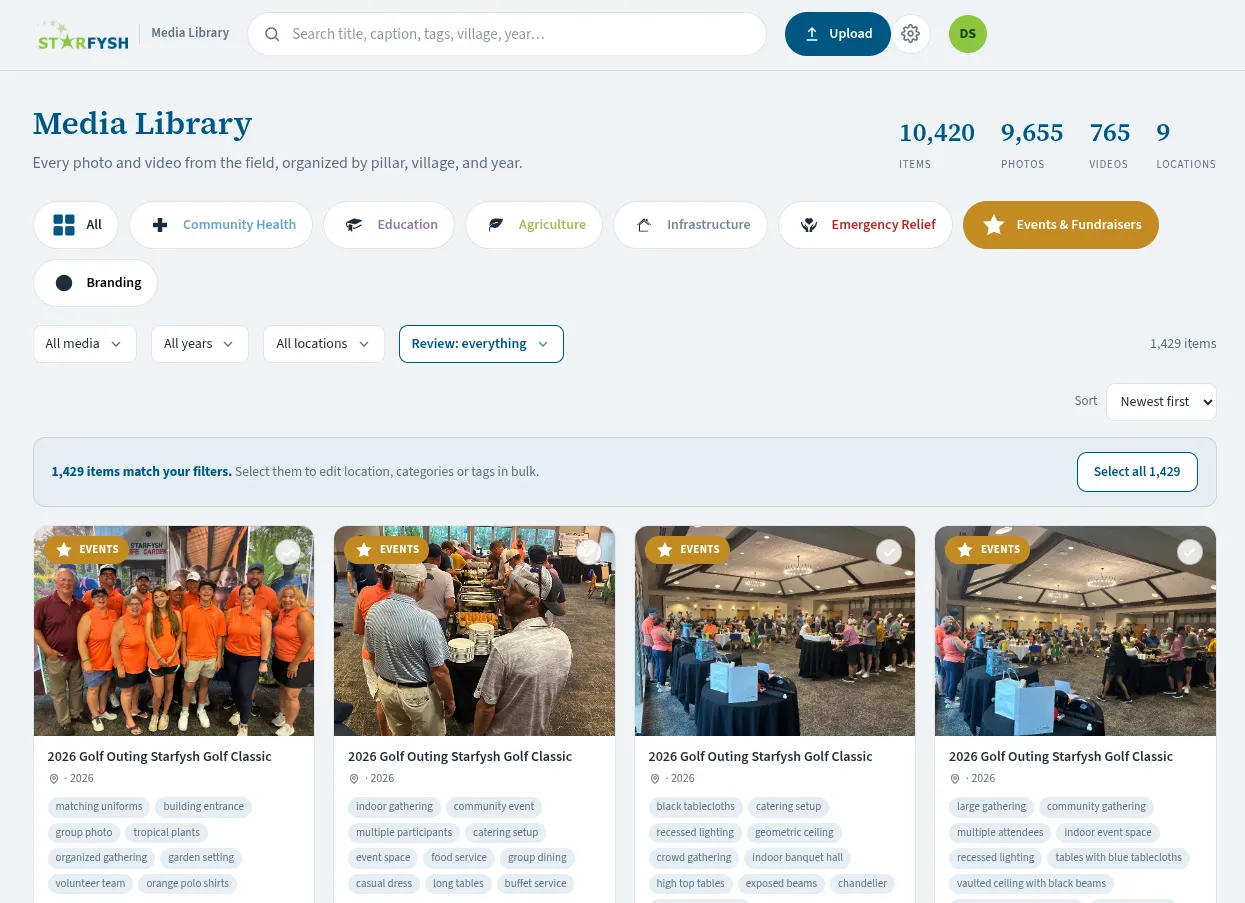 The Starfysh media library, a searchable grid of photography from LaGonave with AI-generated subject tags listed under every item